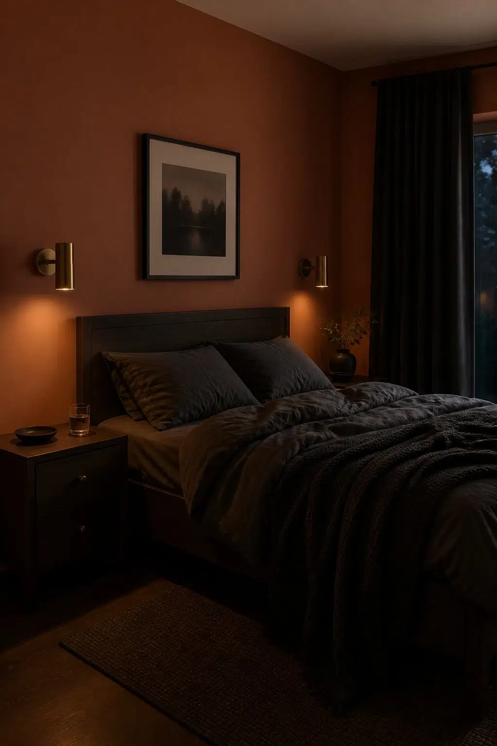 A moody bedroom painted in Copper Harbor