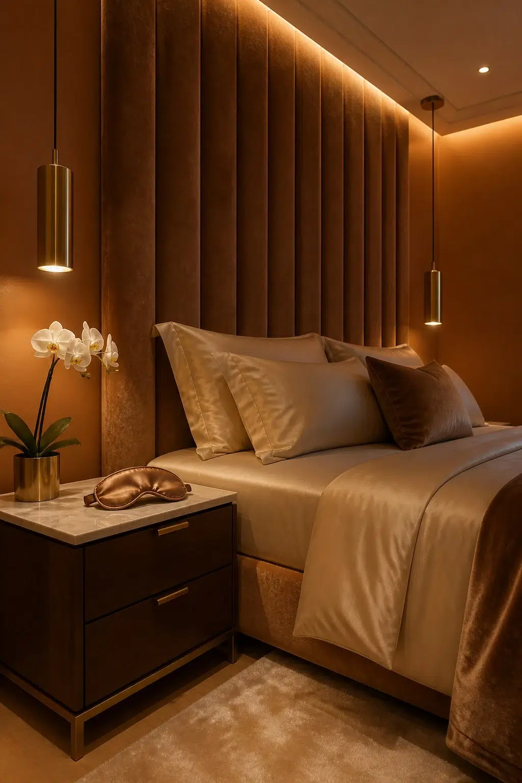 A modern luxury bedroom painted in Copper Pot