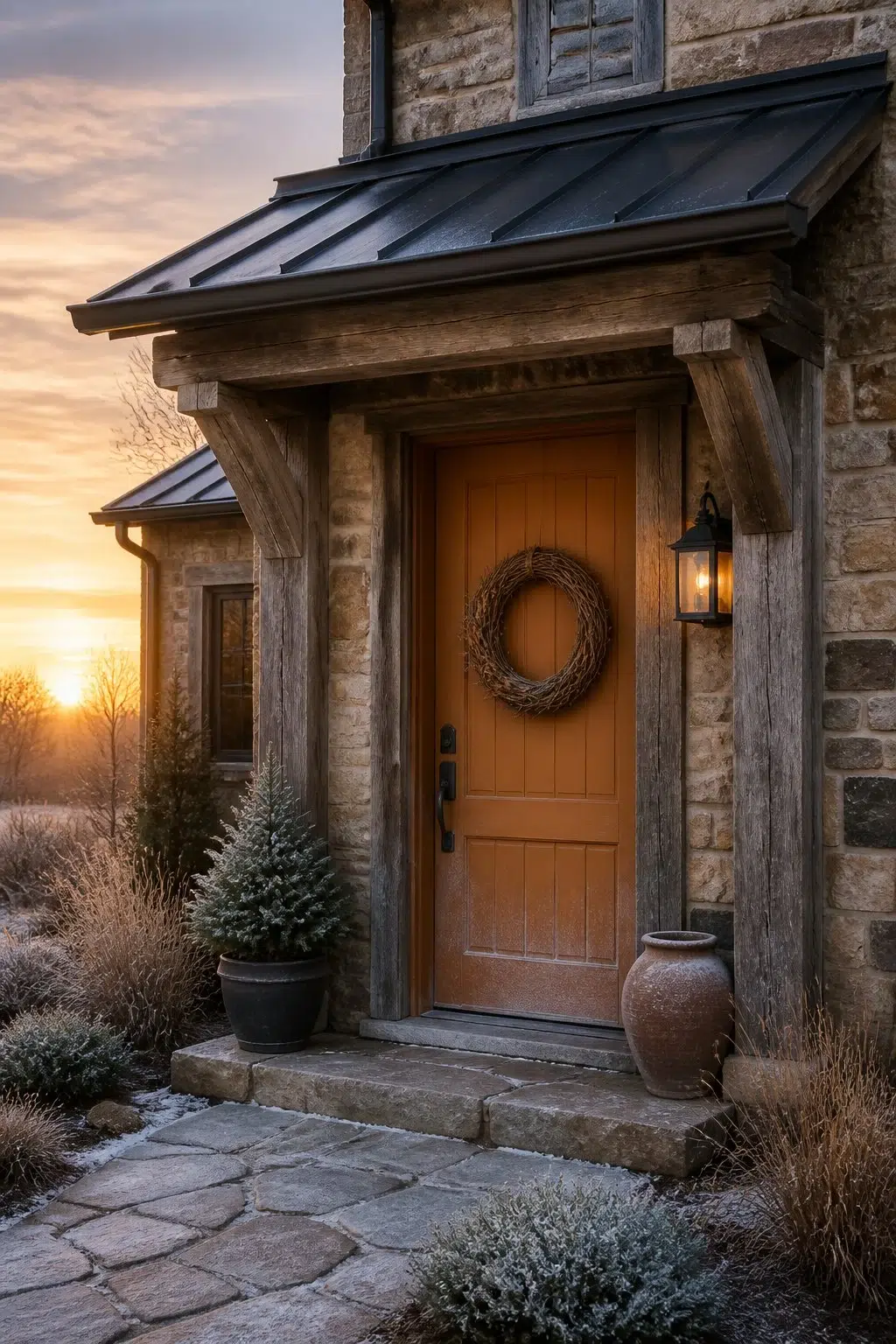 rustic modern front door featuring Copper Pot by Sherwin-Williams