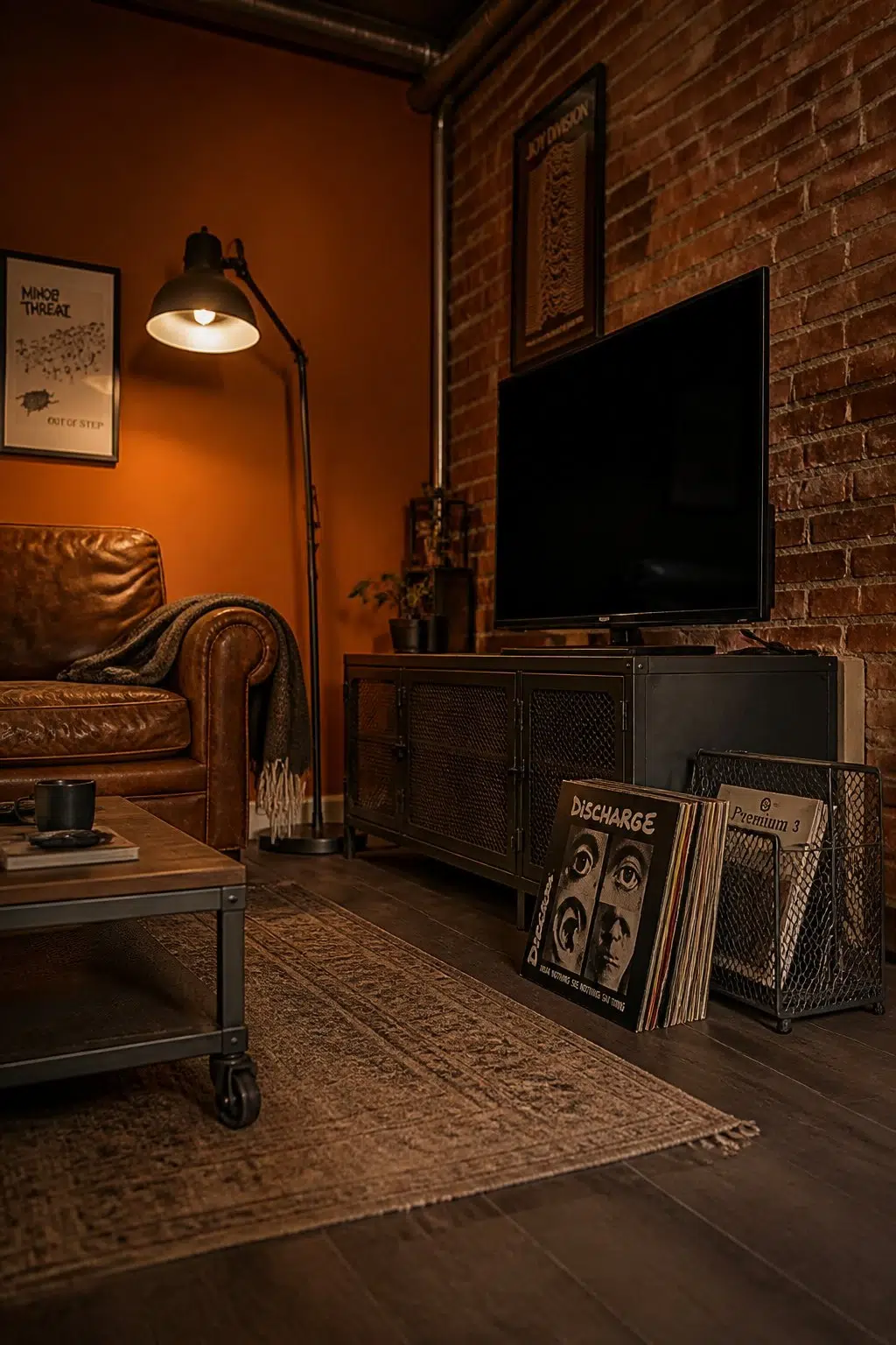 A industrial living room painted in Copper Pot
