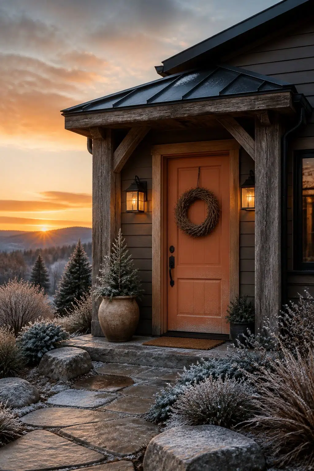 rustic modern front door featuring Copper Wire by Sherwin-Williams