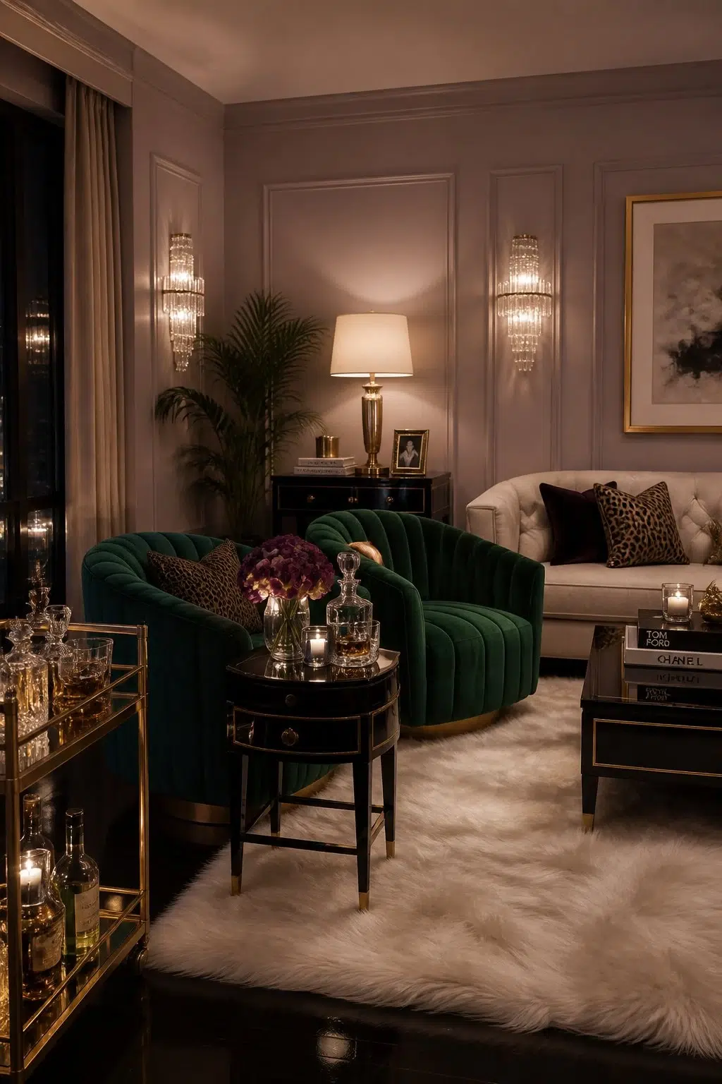 A hollywood regency living room painted in Coquina