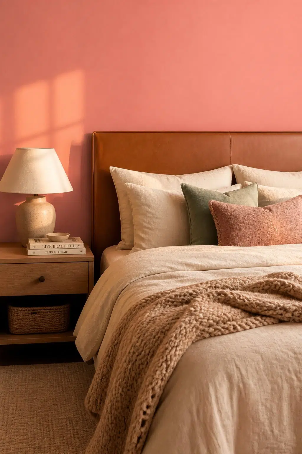 A cozy bedroom painted in Coral Bead