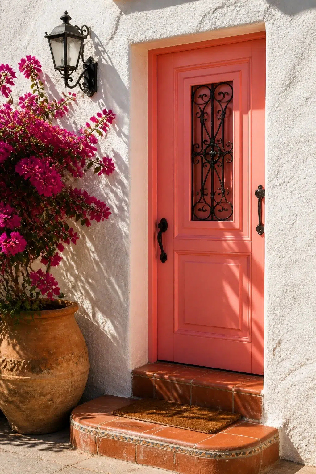 mediterranean front door featuring Coral Bead by Sherwin-Williams