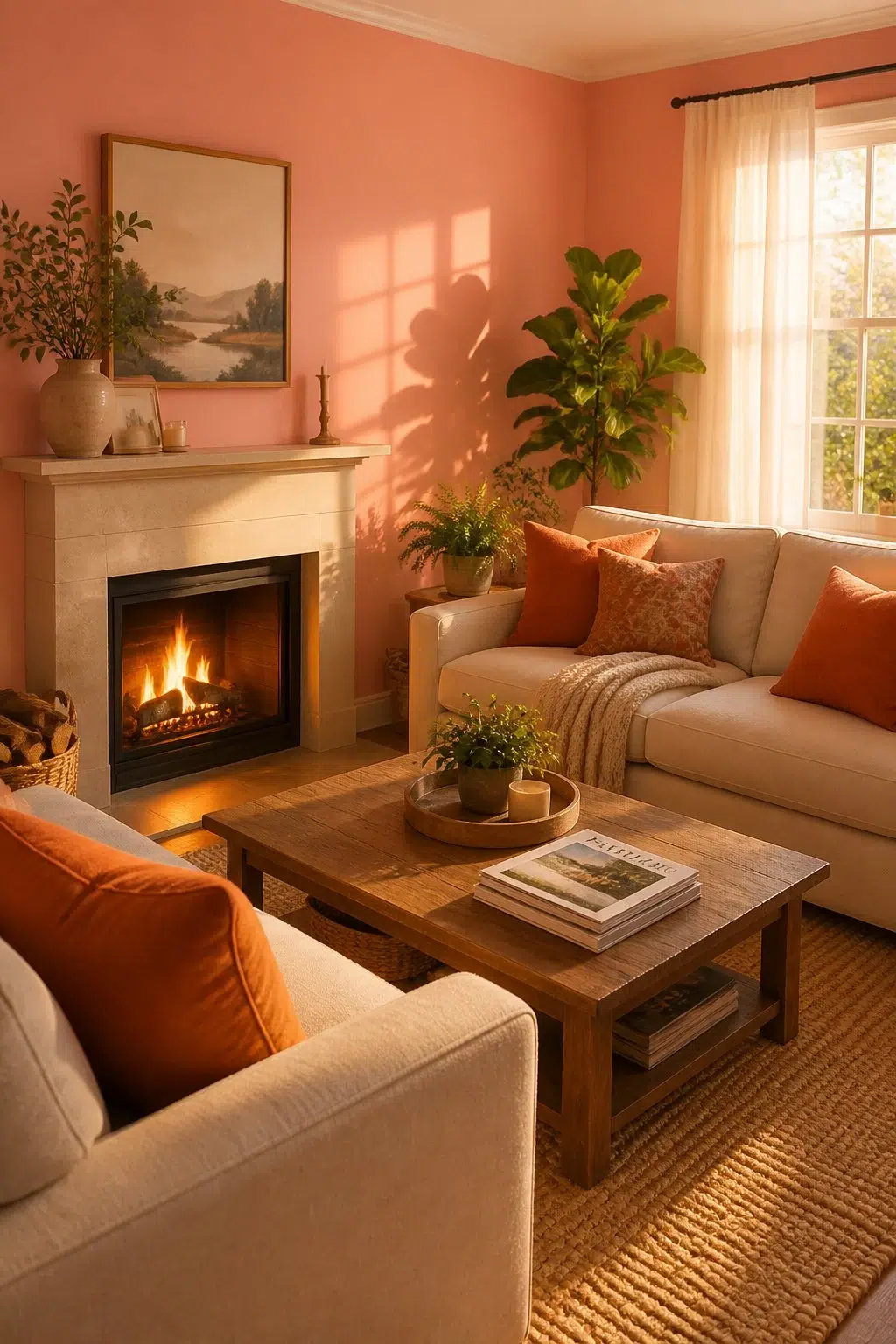 A cozy living room painted in Coral Bead