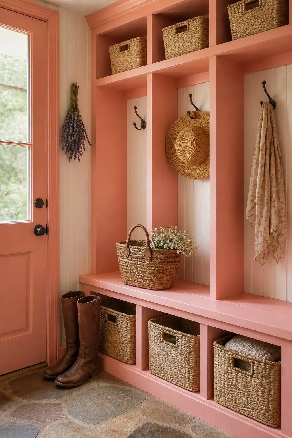 Coral Bead paint in a cottagecore mudroom