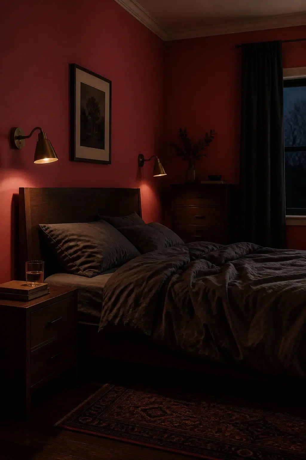 A moody bedroom painted in Coral Bells