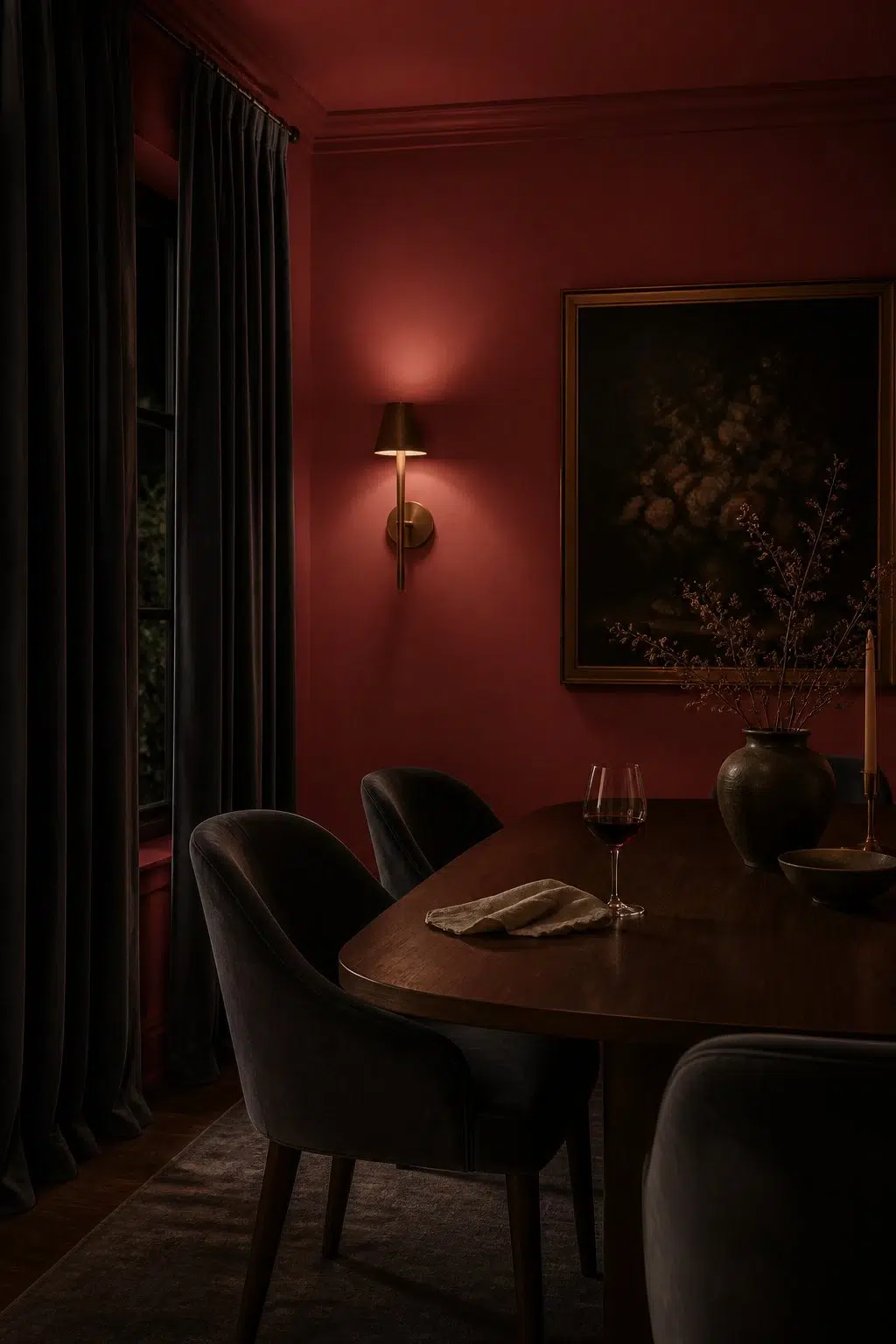 Coral Bells paint in a moody dining room