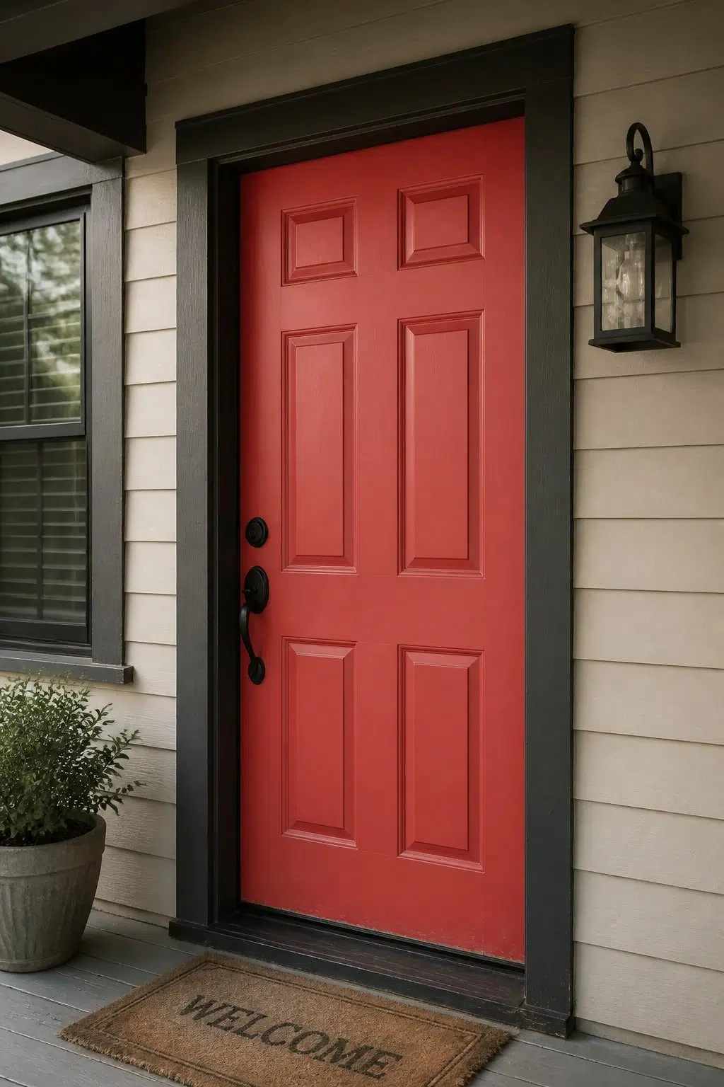bold front door featuring Coral Bells by Sherwin-Williams