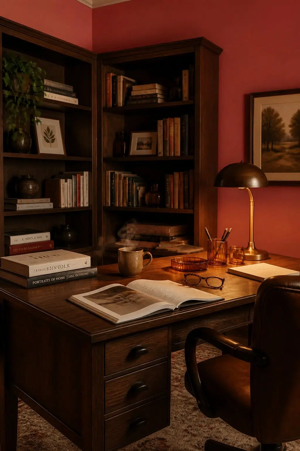 Sherwin-Williams Coral Bells in a warm home office