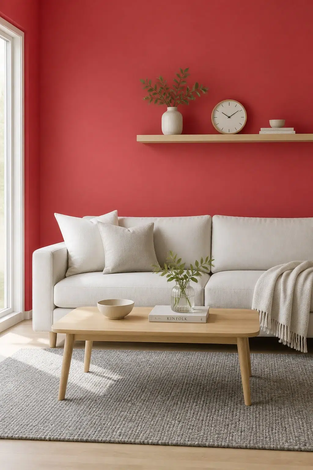 A scandinavian living room painted in Coral Bells