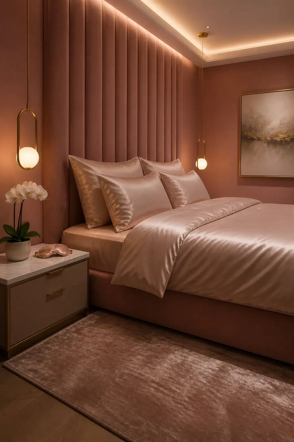 A modern luxury bedroom painted in Coral Rose