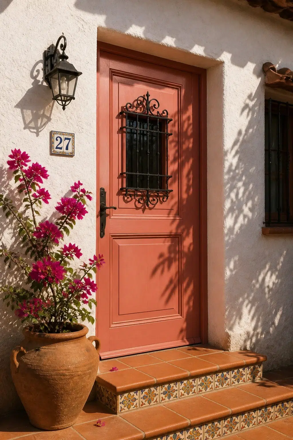 mediterranean front door featuring Coral Rose by Sherwin-Williams