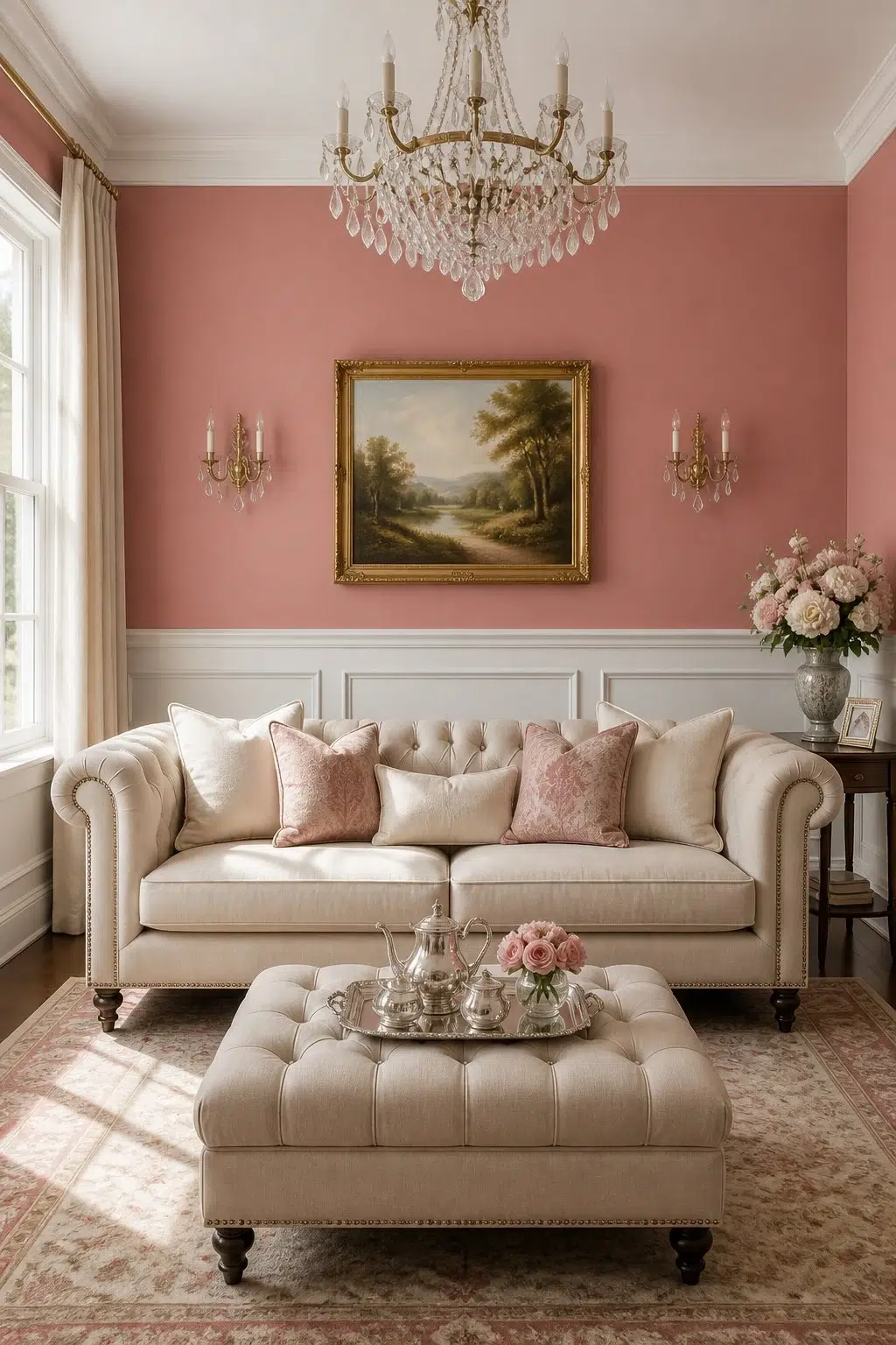 A elegant living room painted in Coral Rose