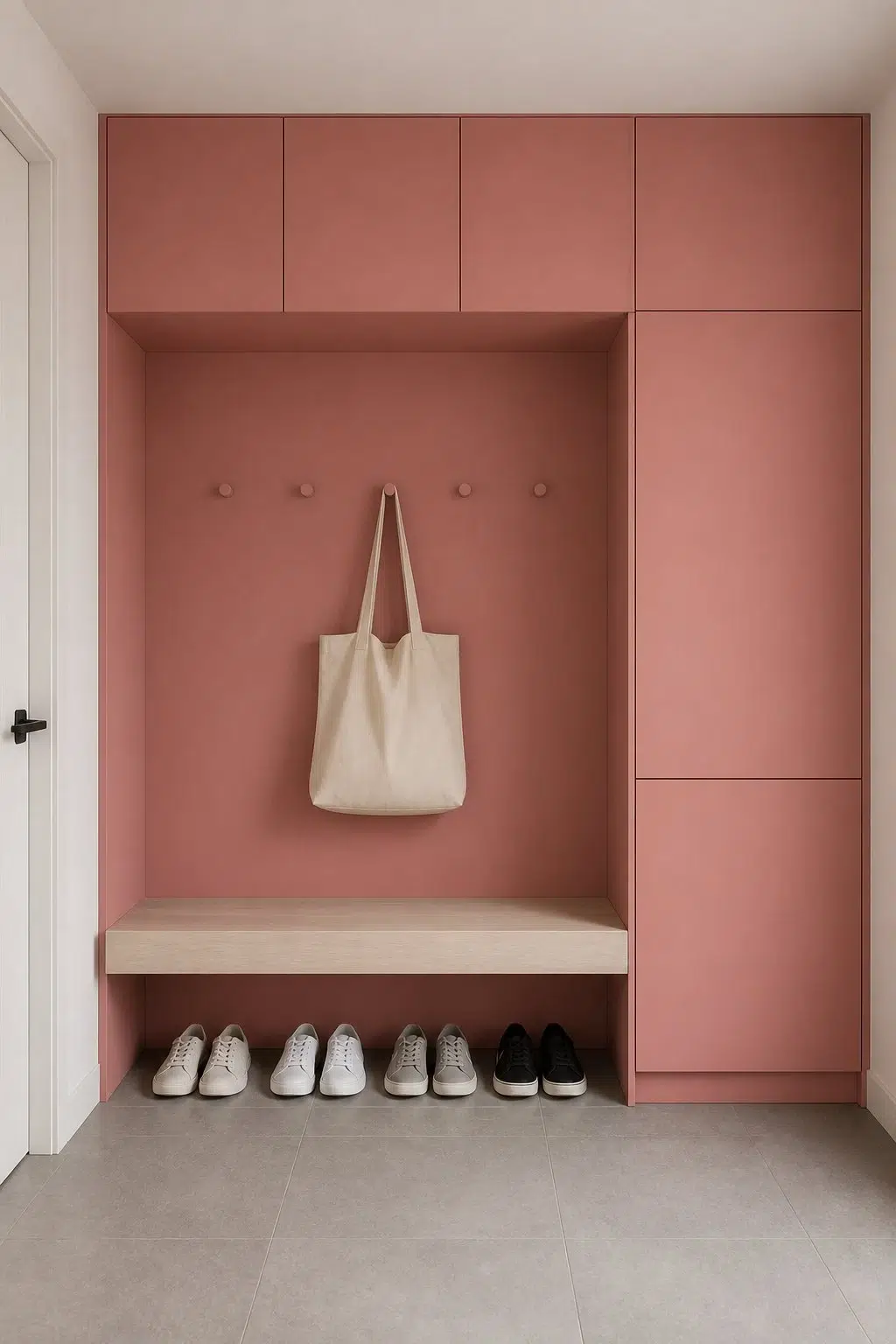 Coral Rose paint in a neutral mudroom