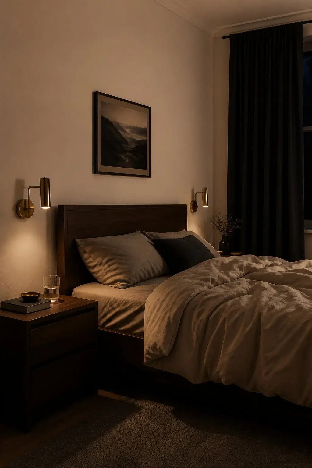 A moody bedroom painted in Corallite