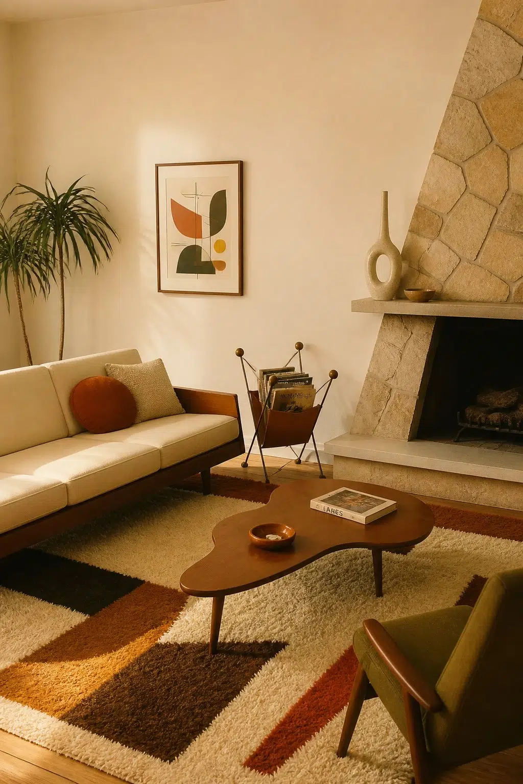 A mid century living room painted in Corallite