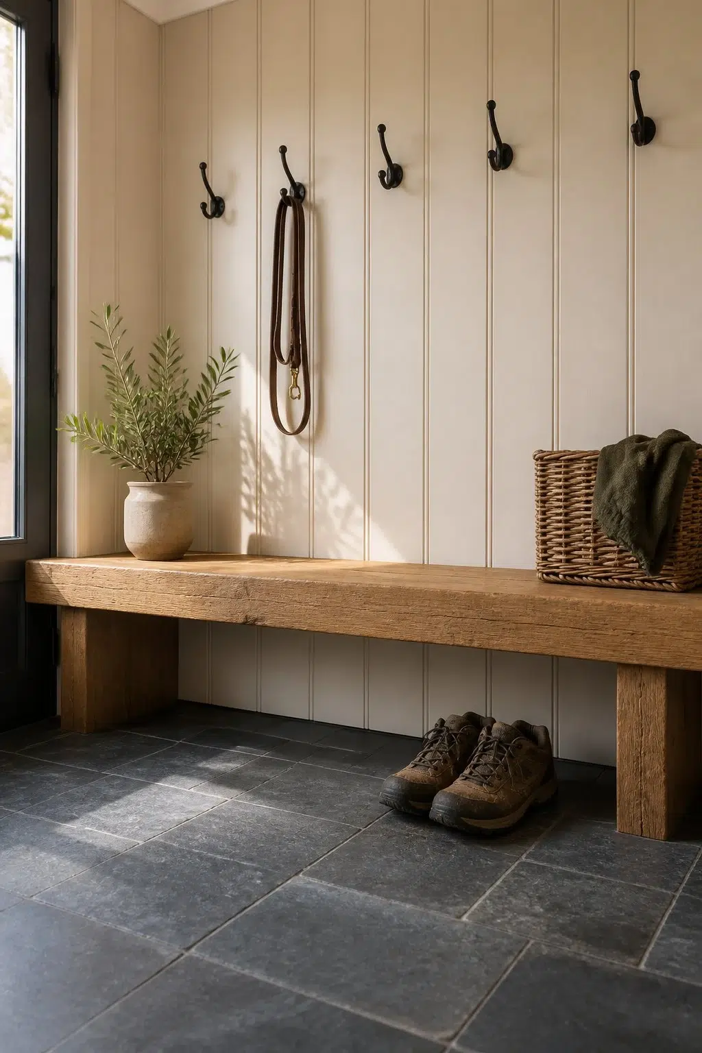 Corallite paint in a rustic modern mudroom