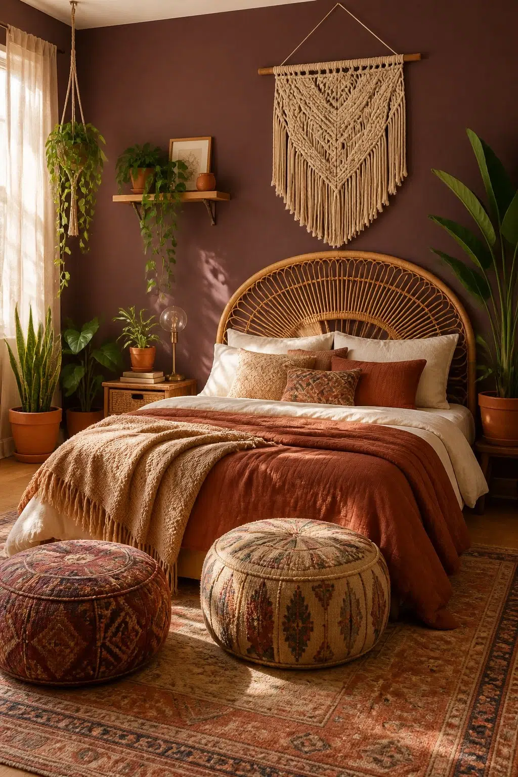 A boho bedroom painted in Cordovan