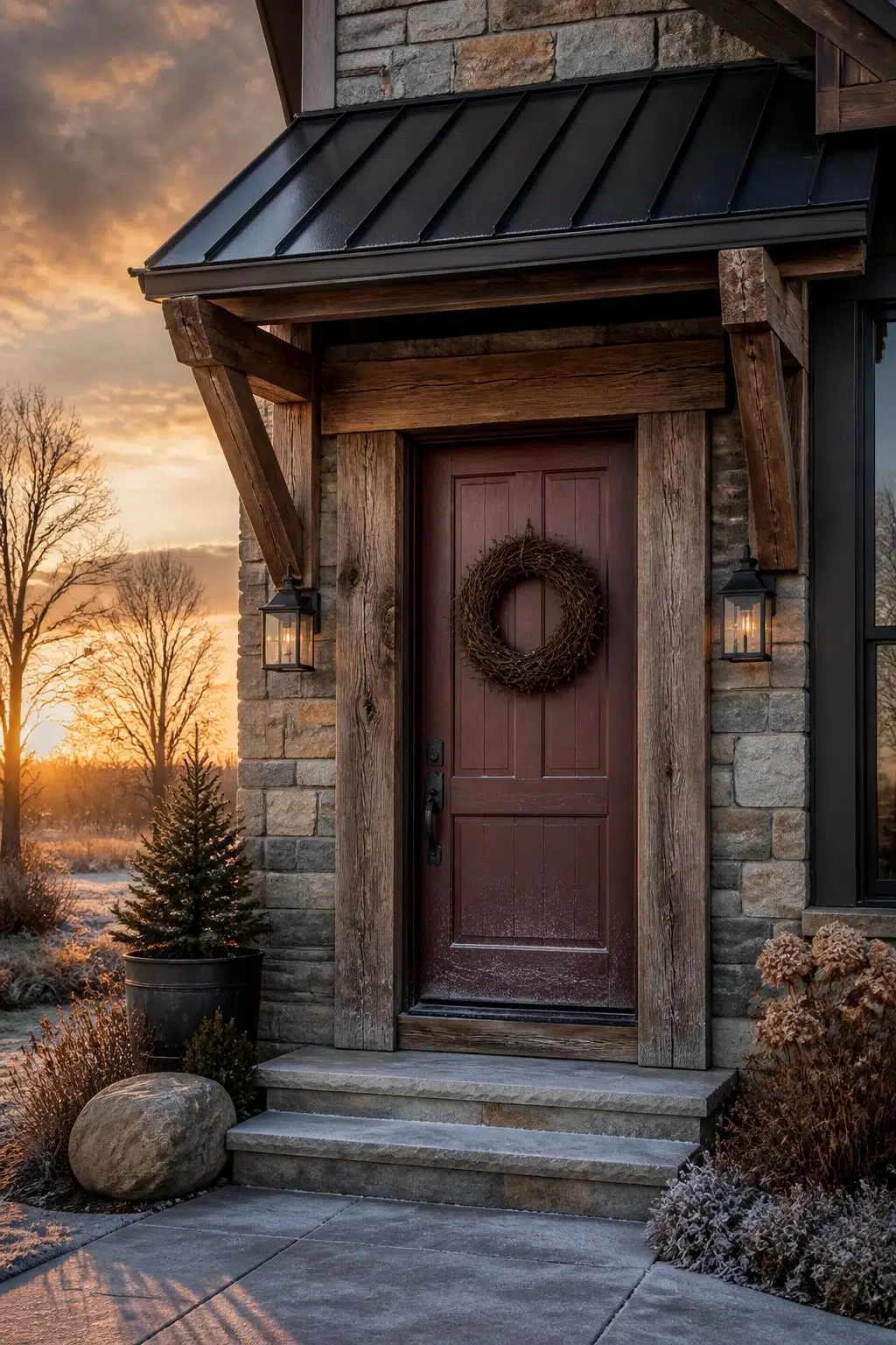 rustic modern front door featuring Cordovan by Sherwin-Williams