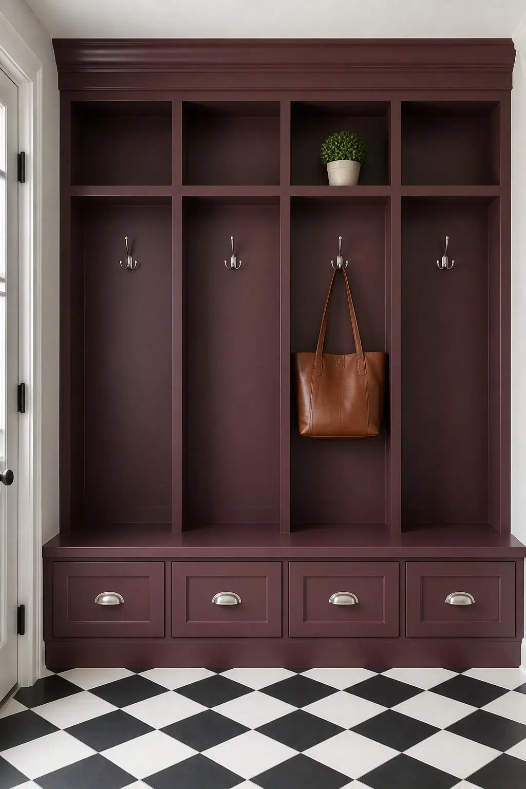 Cordovan paint in a classy mudroom