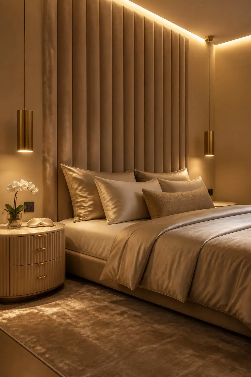 A modern luxury bedroom painted in Coriander Powder