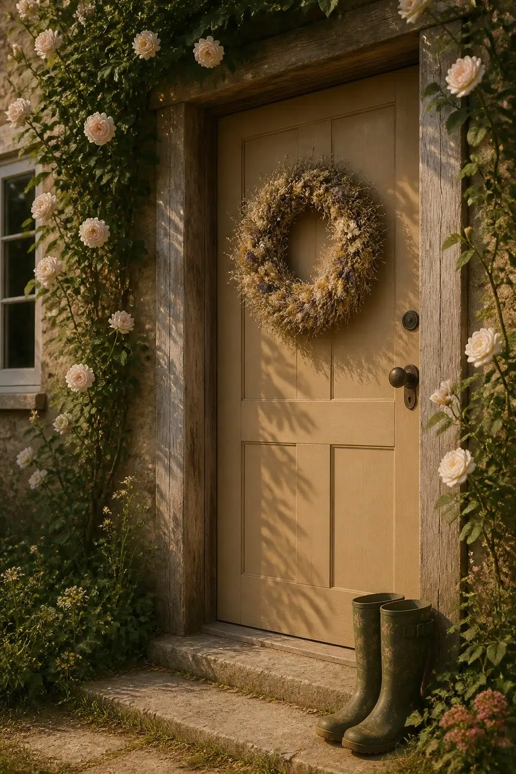 cottagecore front door featuring Coriander Powder by Sherwin-Williams