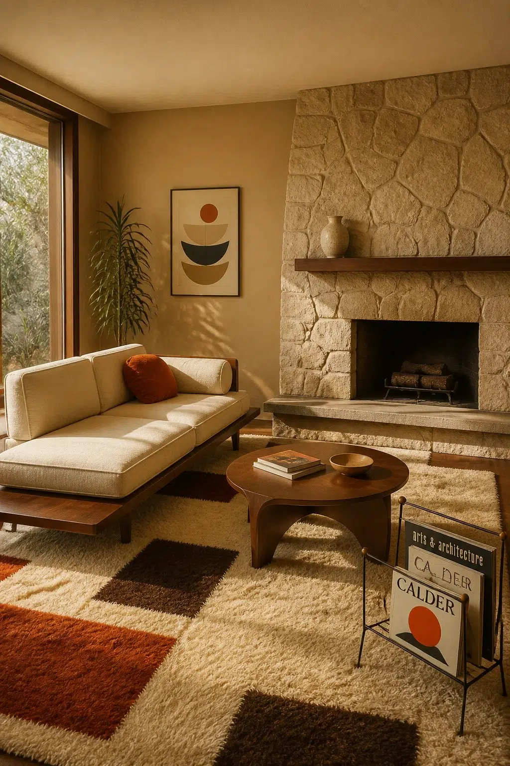 A mid century living room painted in Coriander Powder