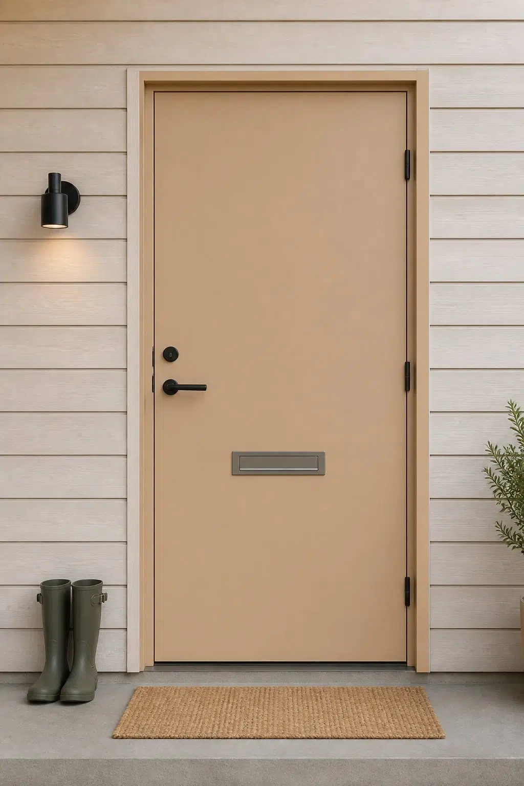 scandinavian front door featuring Cork Wedge by Sherwin-Williams