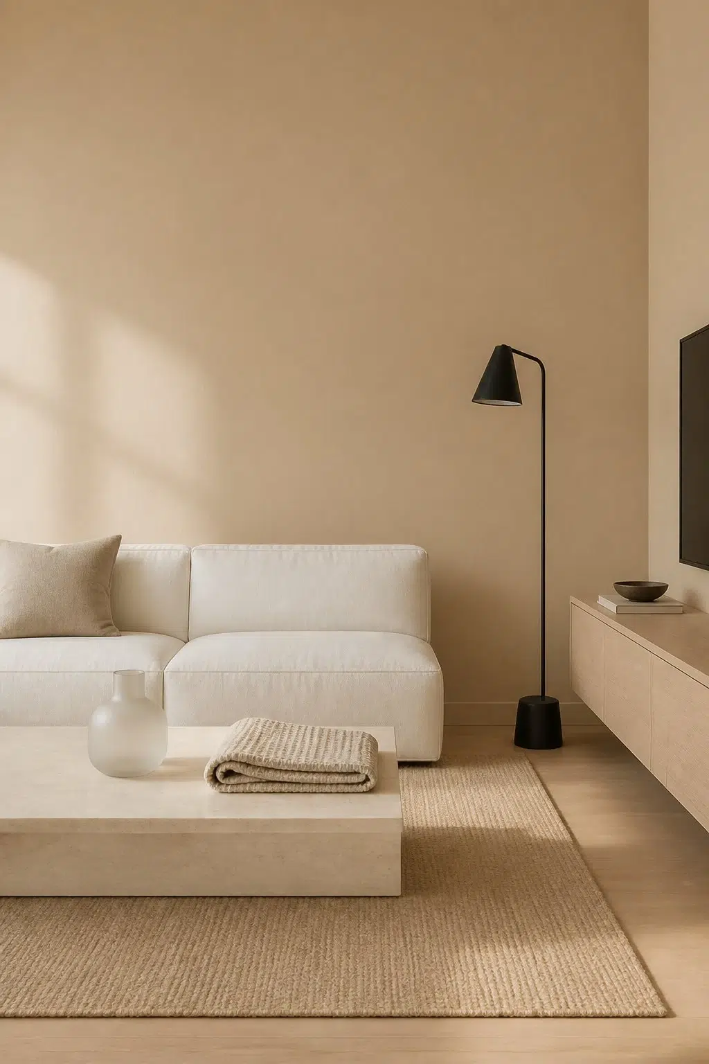A minimalist living room painted in Cork Wedge