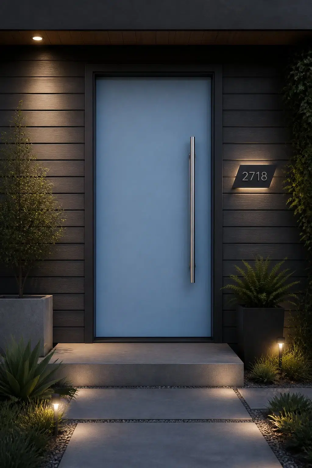 stylish front door featuring Cosmos by Sherwin-Williams