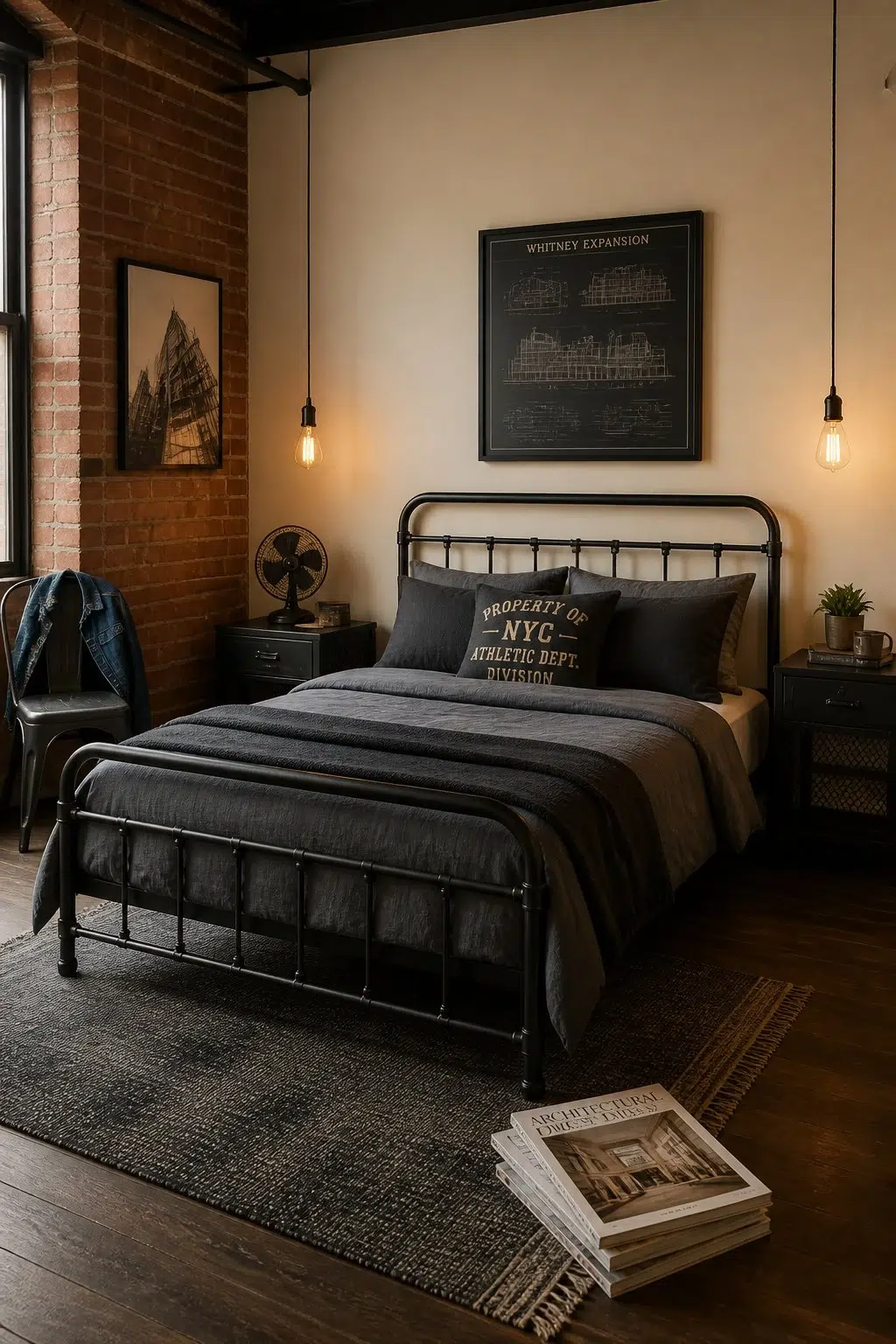 A industrial bedroom painted in Cottage Cream