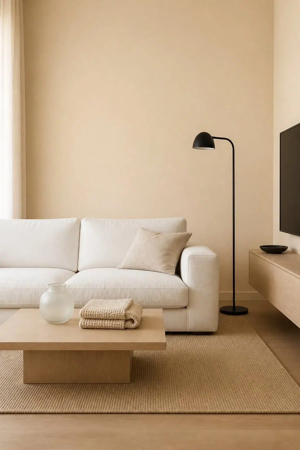 A minimalist living room painted in Cottage Cream