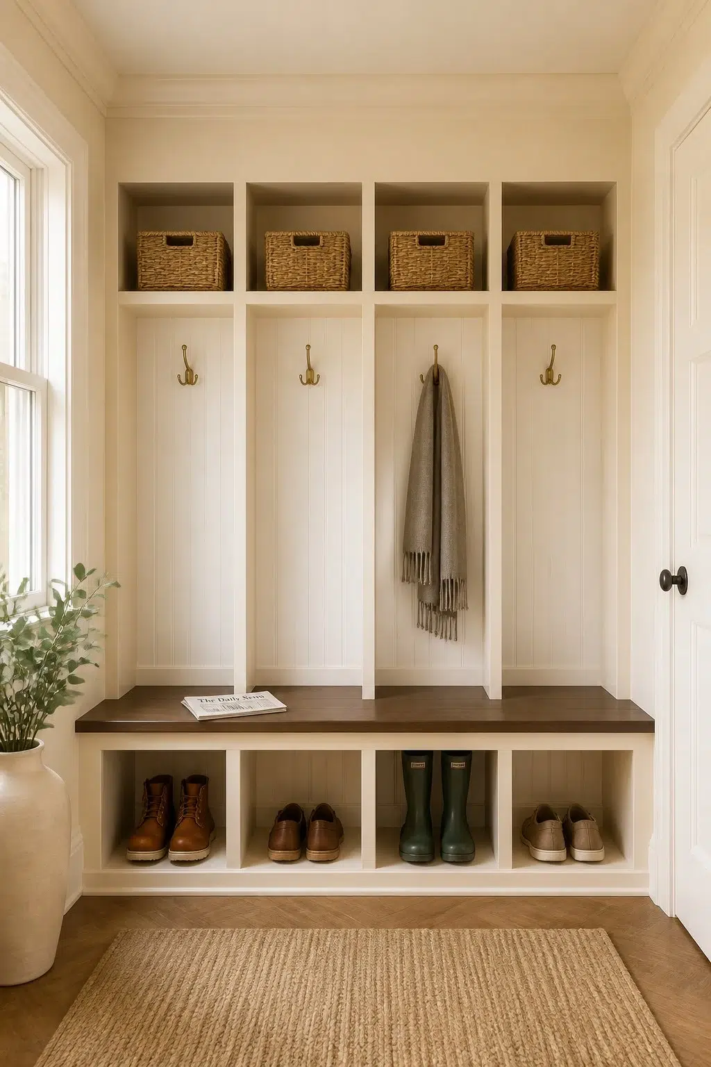 Cottage Cream paint in a traditional mudroom
