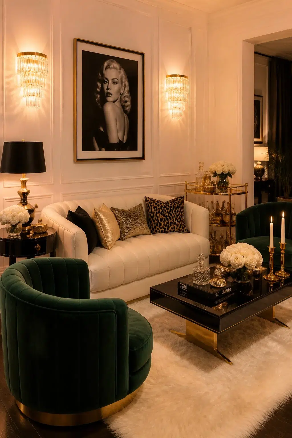 A hollywood regency living room painted in Cotton Candy