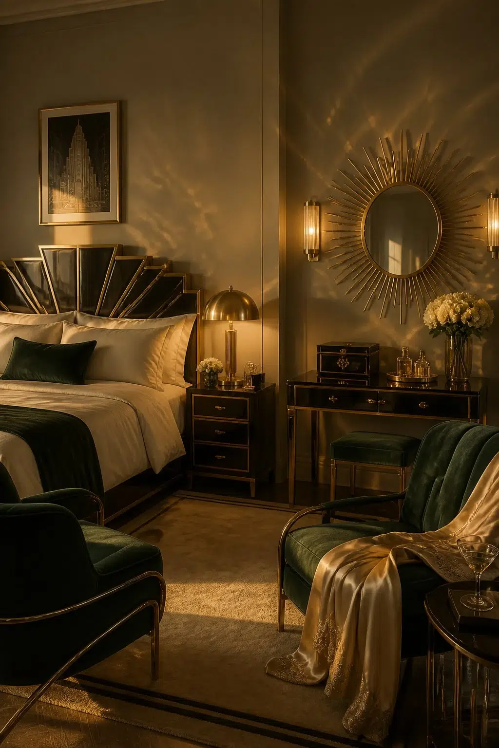 A art deco bedroom painted in Country Tweed