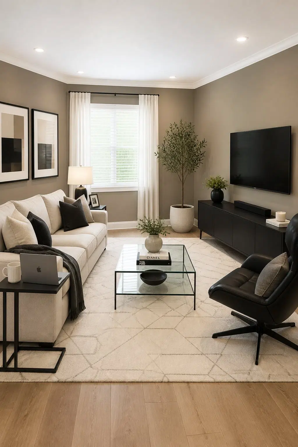 A contemporary living room painted in Country Tweed