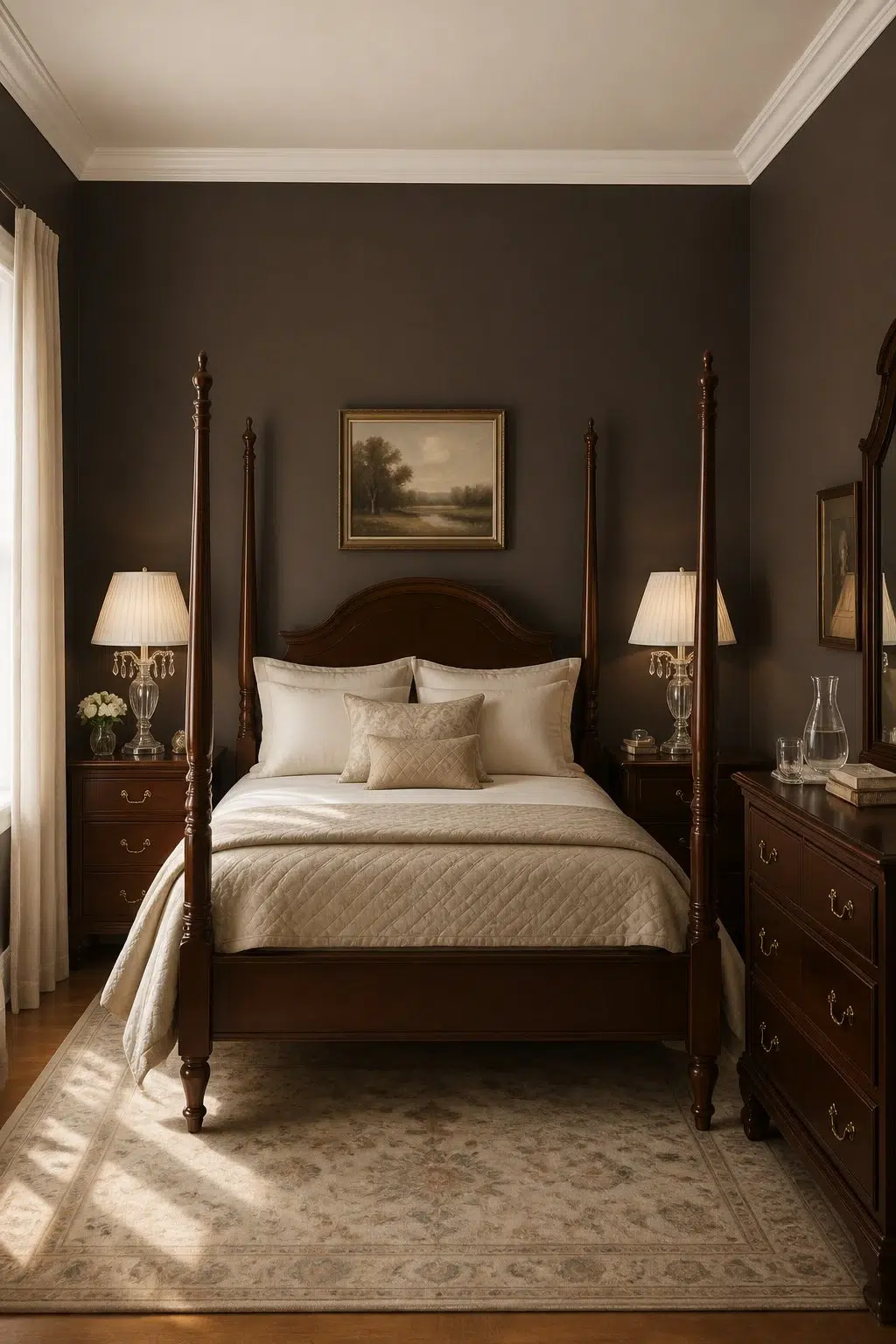 A traditional bedroom painted in Cracked Pepper