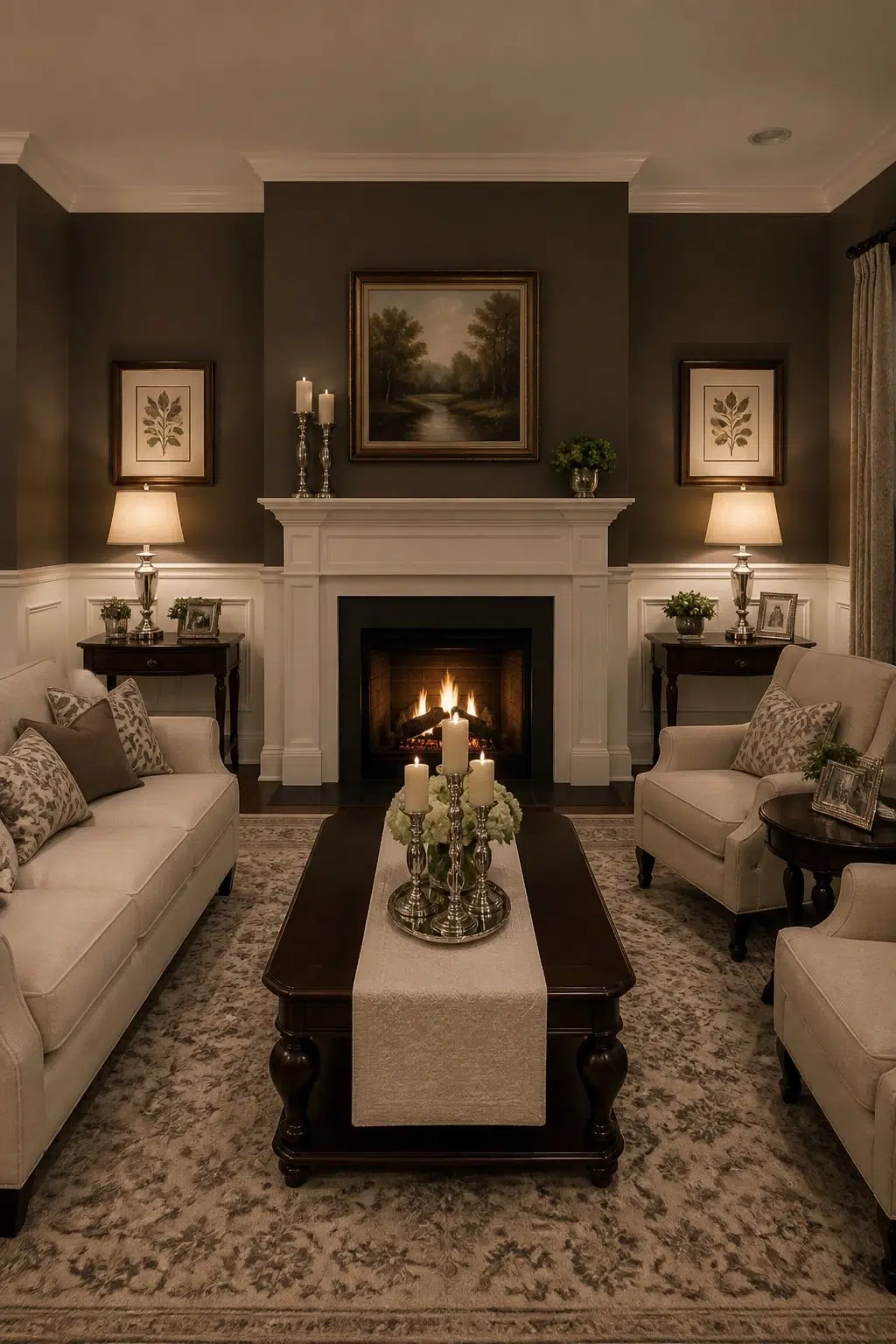 A traditional living room painted in Cracked Pepper