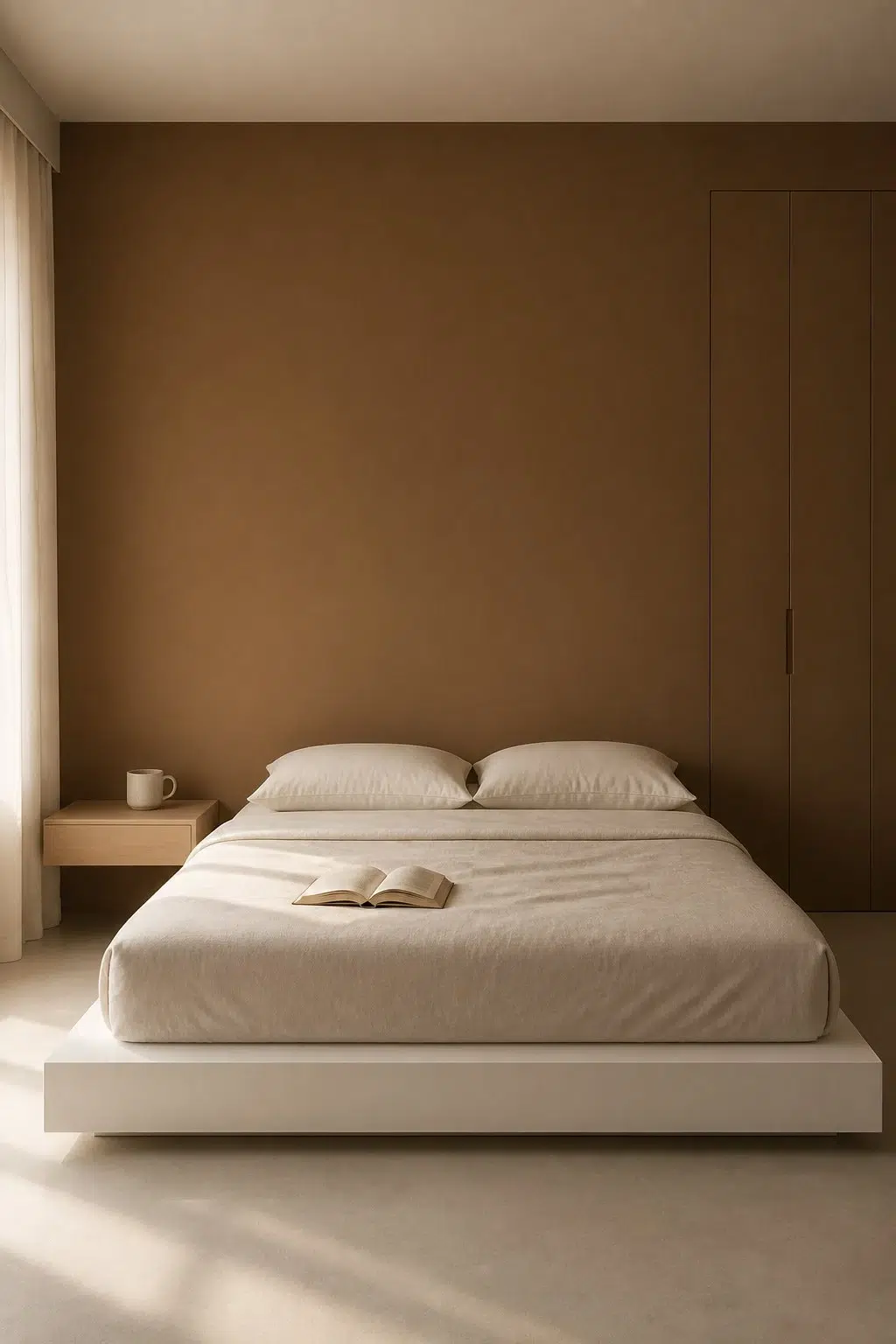 A minimalist bedroom painted in Craft Paper