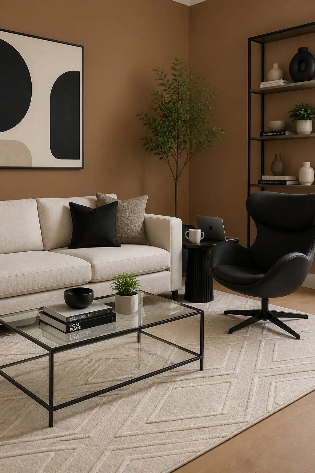 A contemporary living room painted in Craft Paper