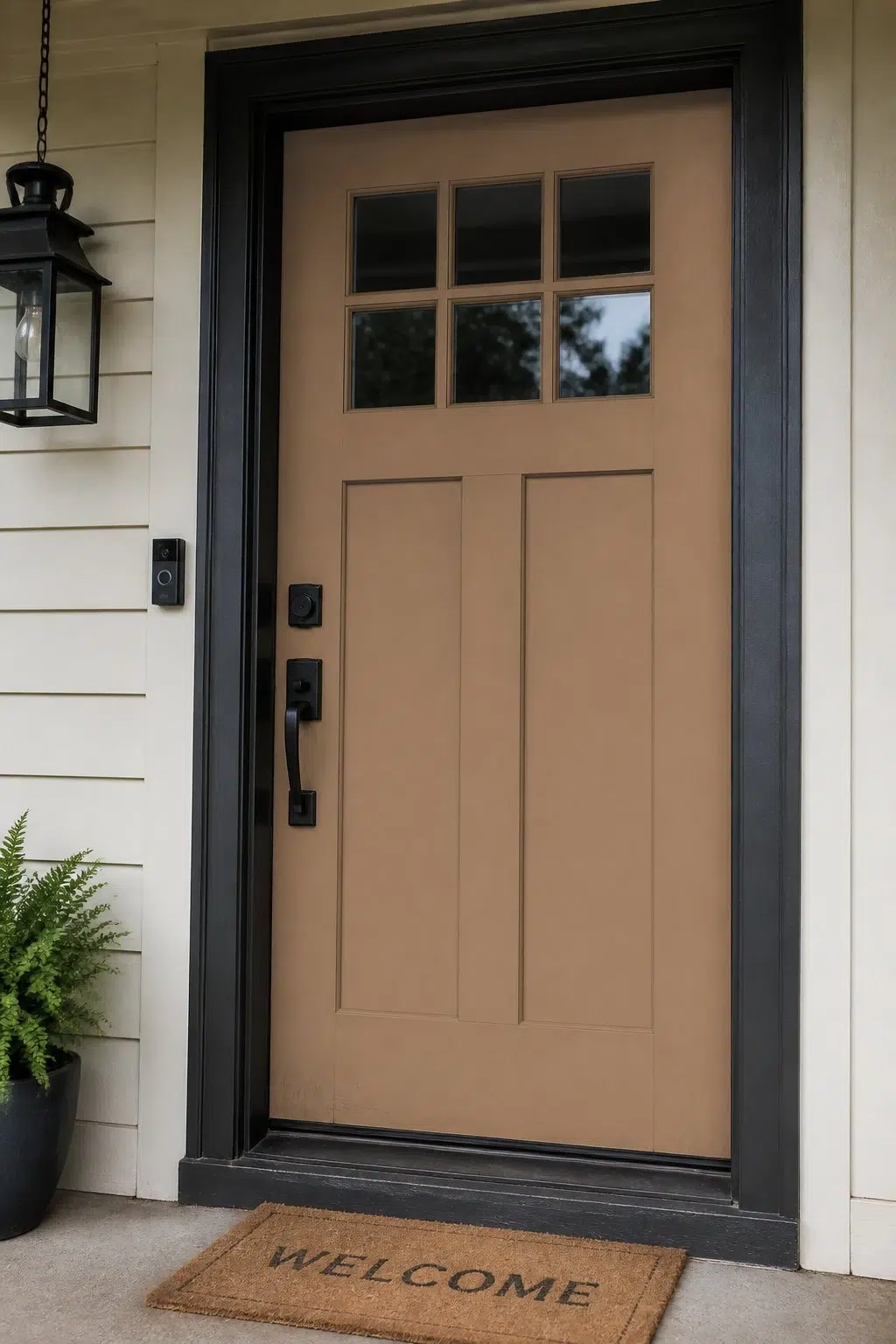 bold front door featuring Craftsman Brown by Sherwin-Williams