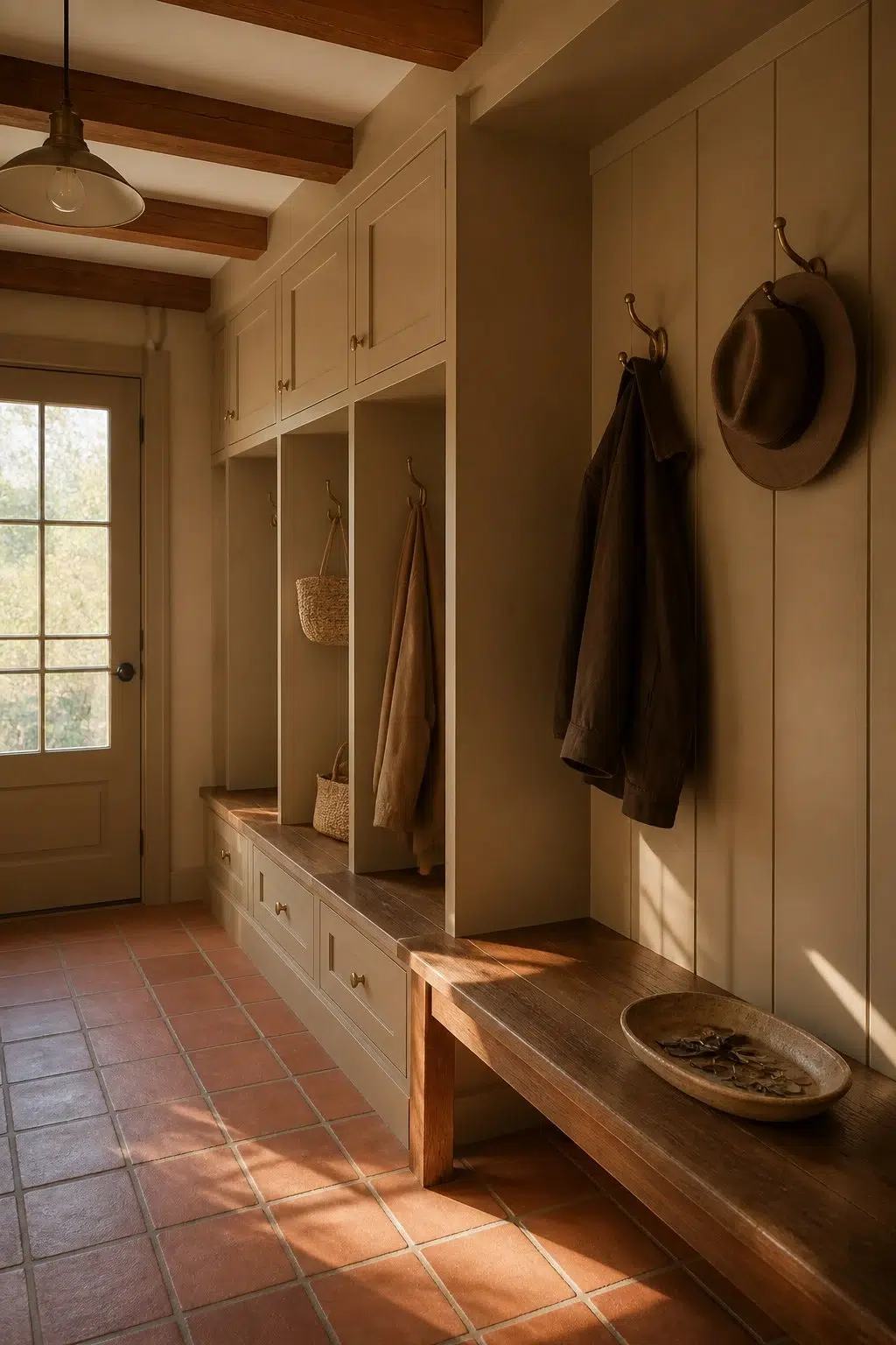 Craftsman Brown paint in a earthy mudroom