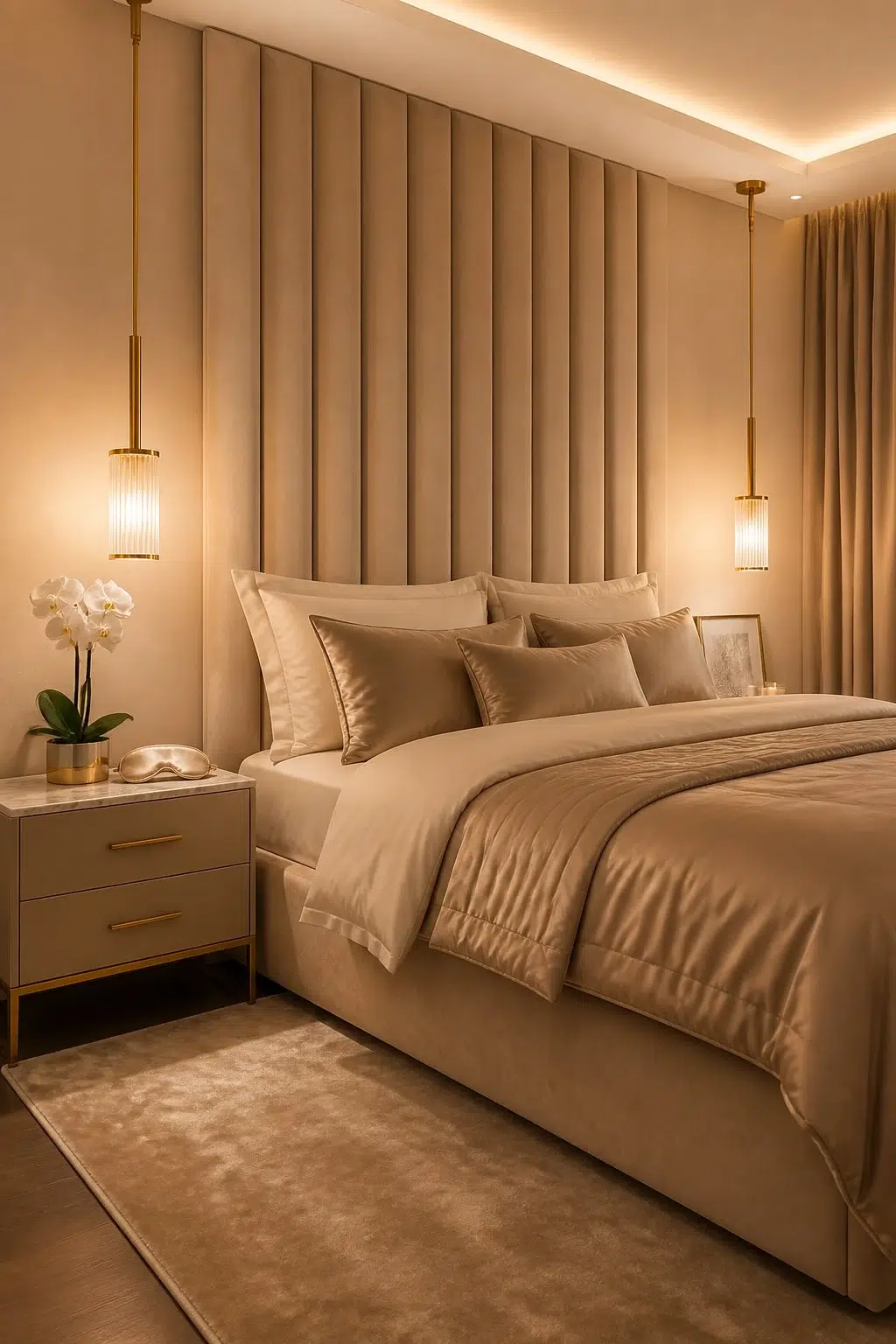 A modern luxury bedroom painted in Creamery