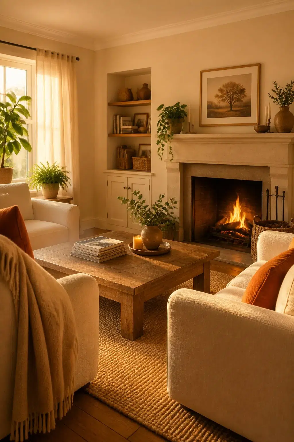 A cozy living room painted in Creamery
