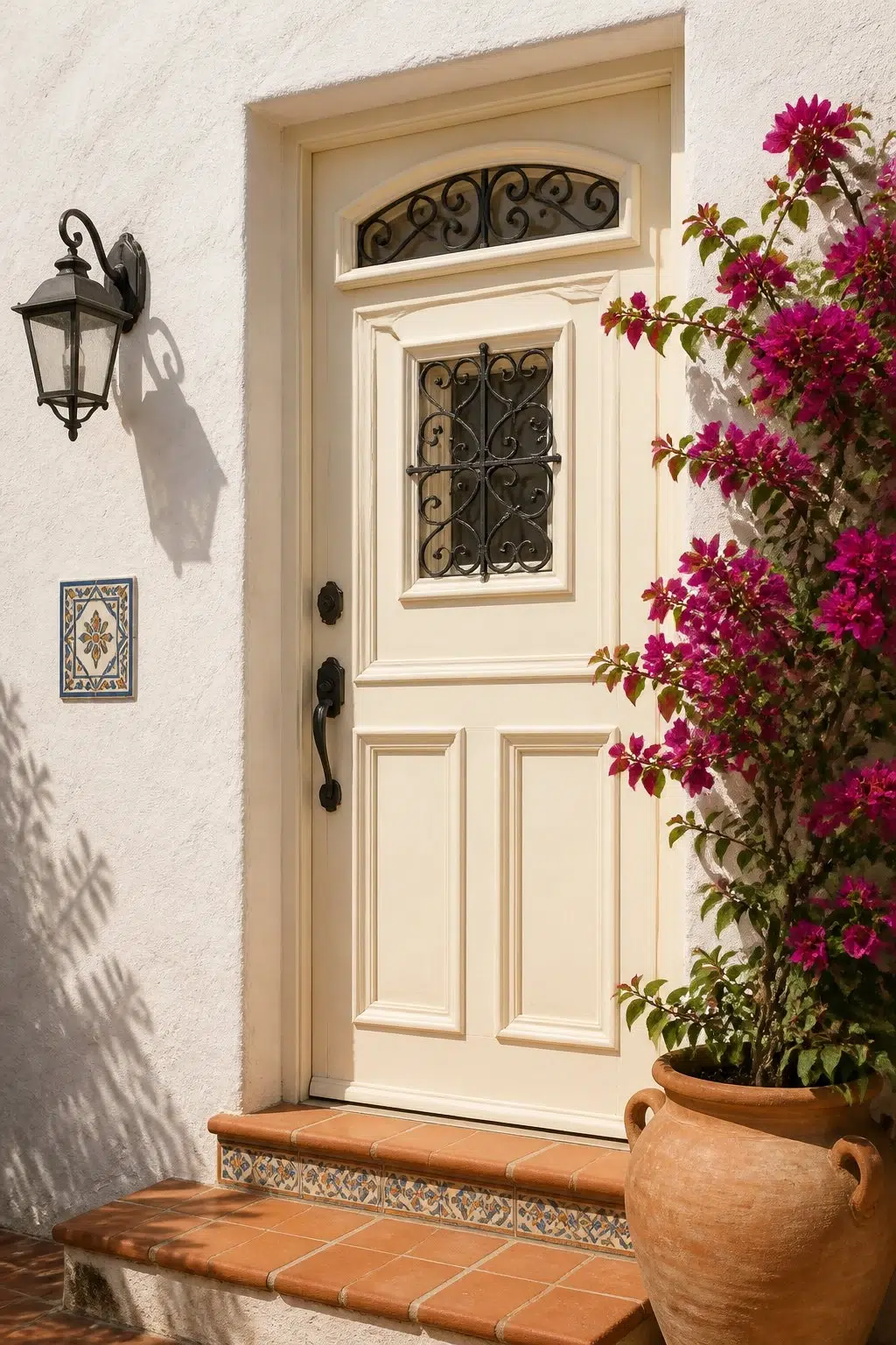 mediterranean front door featuring Creme by Sherwin-Williams