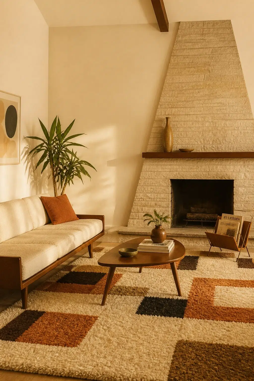 A mid century living room painted in Creme