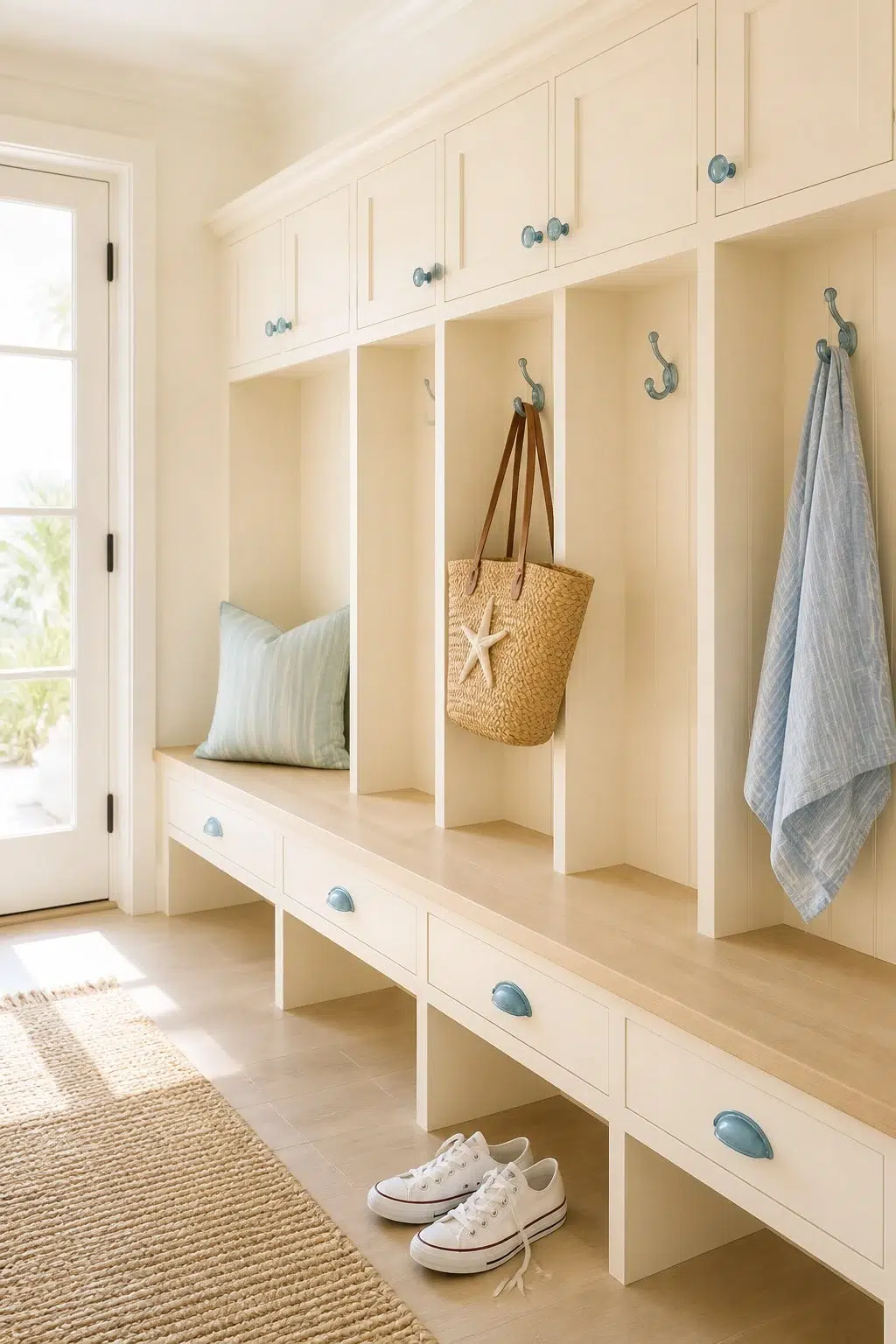 Creme paint in a coastal mudroom