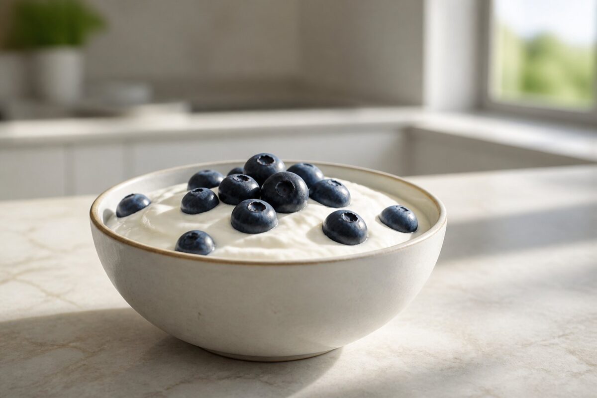 A small bowl of plain skyr topped with fresh blueberries on a kitchen counter.