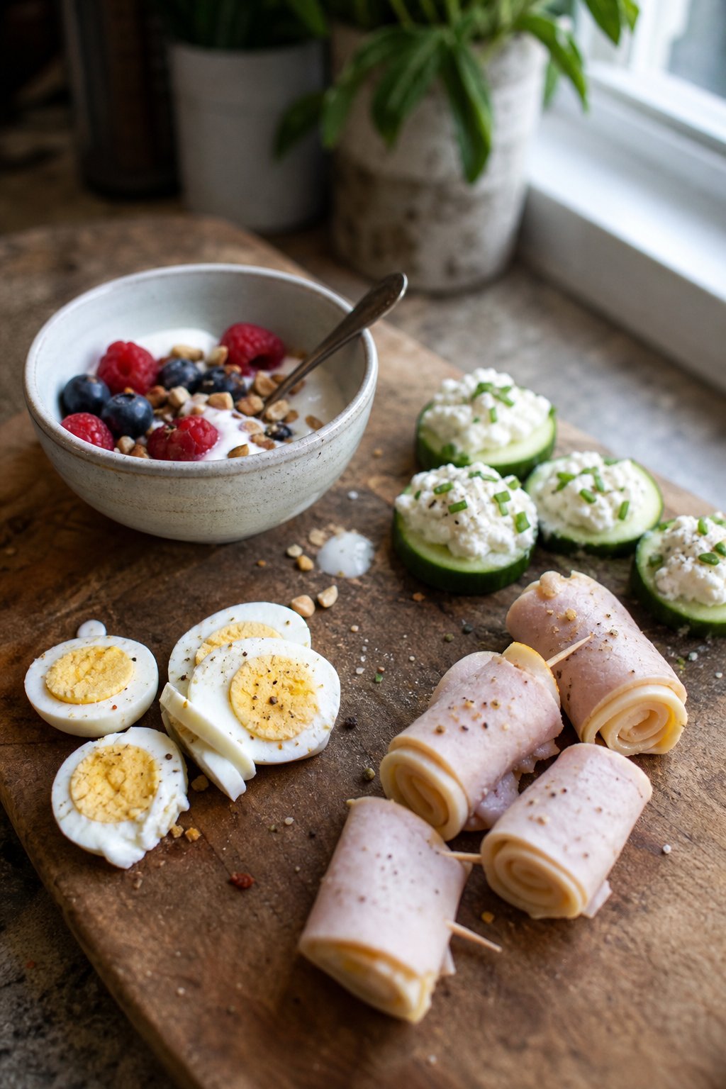 A small assortment of high-protein snacks arranged on a kitchen surface, including yogurt with berries, egg slices, cucumber with cottage cheese, and turkey roll-ups.